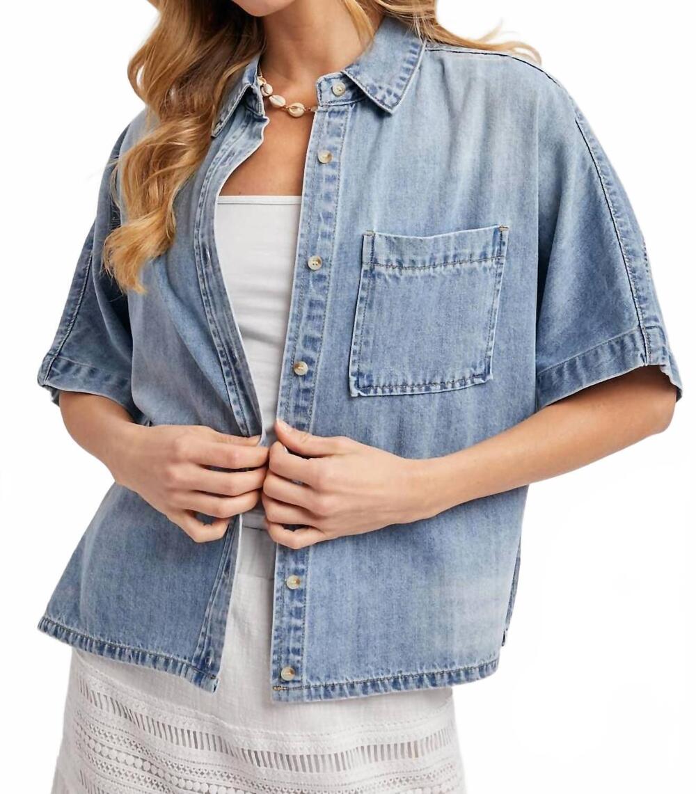NEW BLUIVY women's denim button down short sleeve boxy shirt in light wash